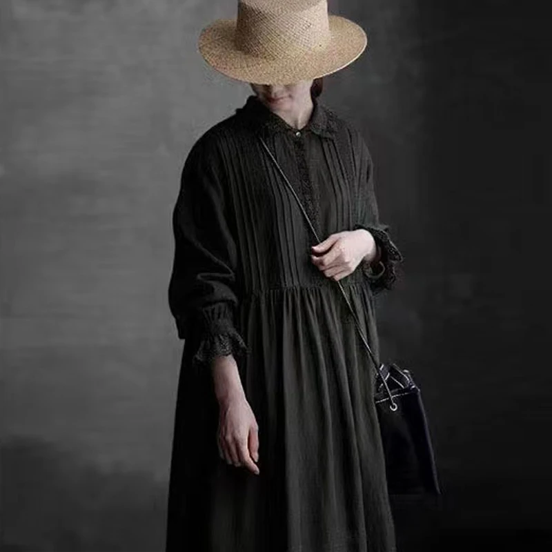 Женское льняное платье с вышивкой Johnature свободное винтажное отложным воротником