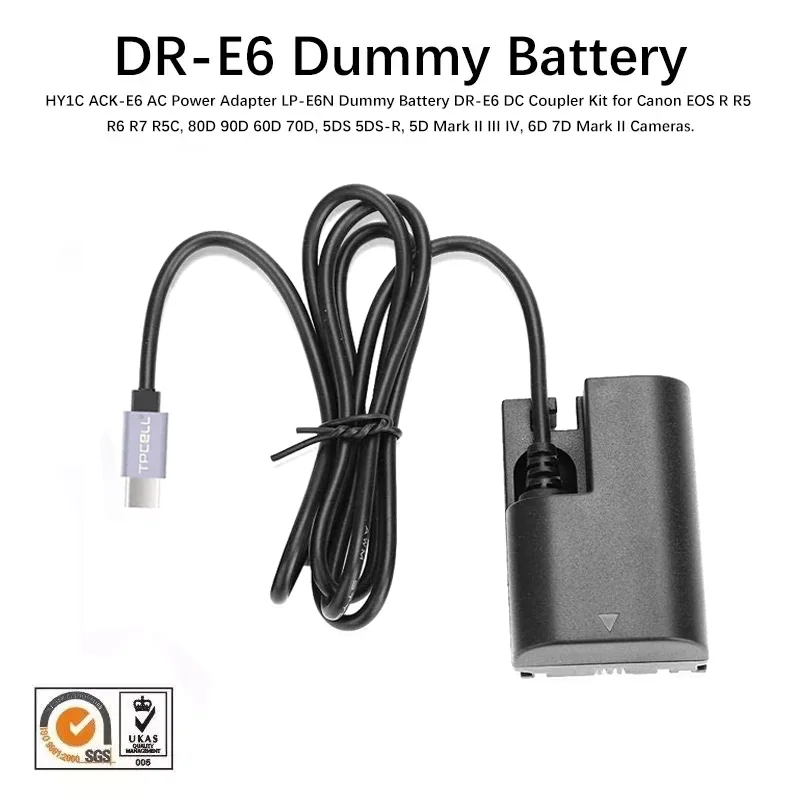 

HY1C ACK-E6 Power Adapter LP-E6N Battery DR-E6 Type C for Canon EOS R R5 R6 R7 R5C, 80D 90D 60D 70D, 5DS-R,5D Mark II III IV,6D