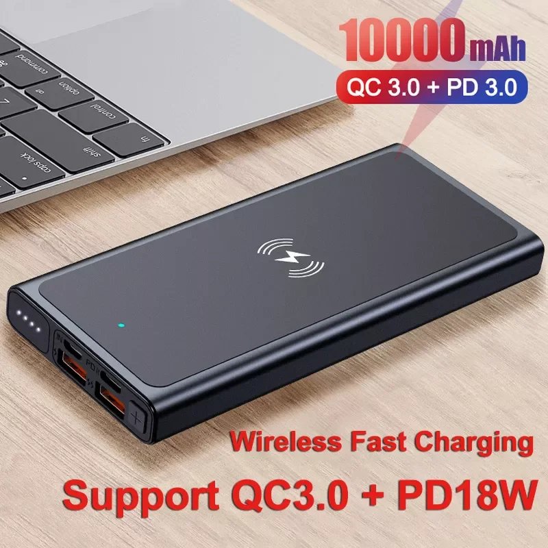 

2023New Wireless Power Bank Portable 10000mAh Charger PD18W Fast Charging External Battery For QC3.0 iPhone Xiaomi Huawei