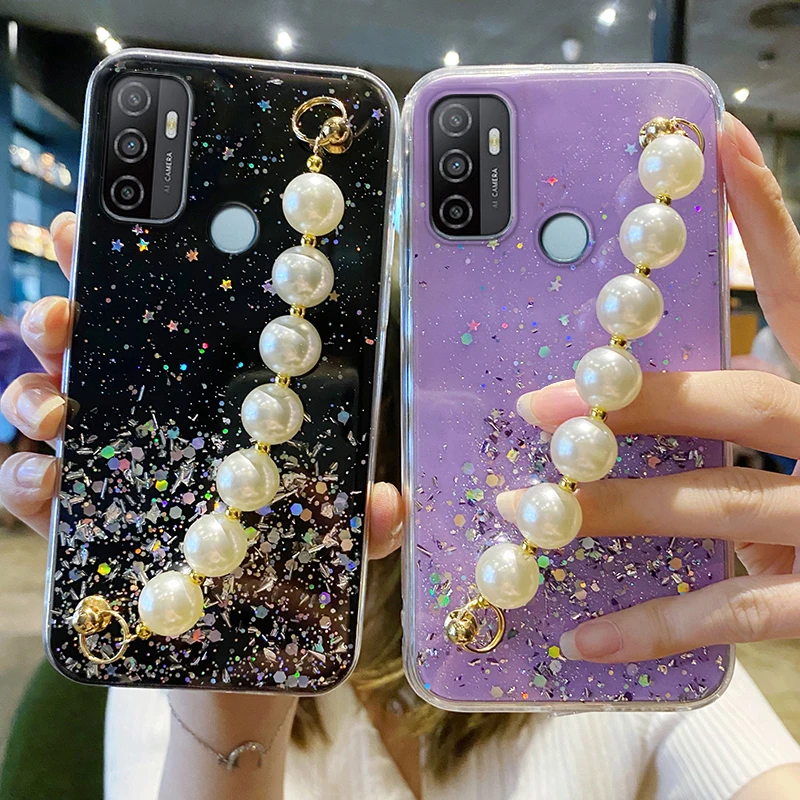 

Luxury Starry Pearl Bracelet Phone Case For OPPO A5 A9 A72 A15 A15S A16 A31 A52 A53 A53S A73 A74 A94 F11 F17 F19 Pro Wrist Cover