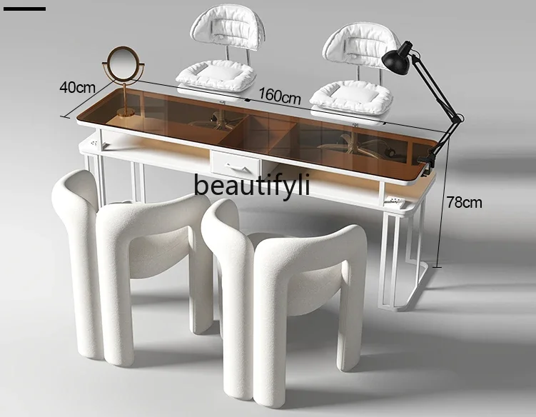 Карамельный коричневый стол для ногтей и стул стеклянный маникюрного салона