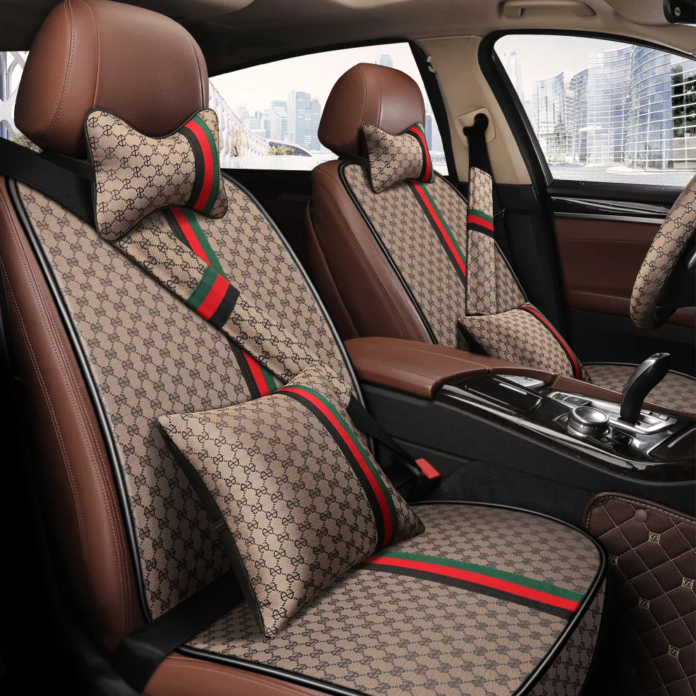 

2022 Fashion Brand Car Lumbar Pillow Seat Cover Seat Belt Cover Car Neck Headrest Steering Wheel Cover Universal Car Cushion Set