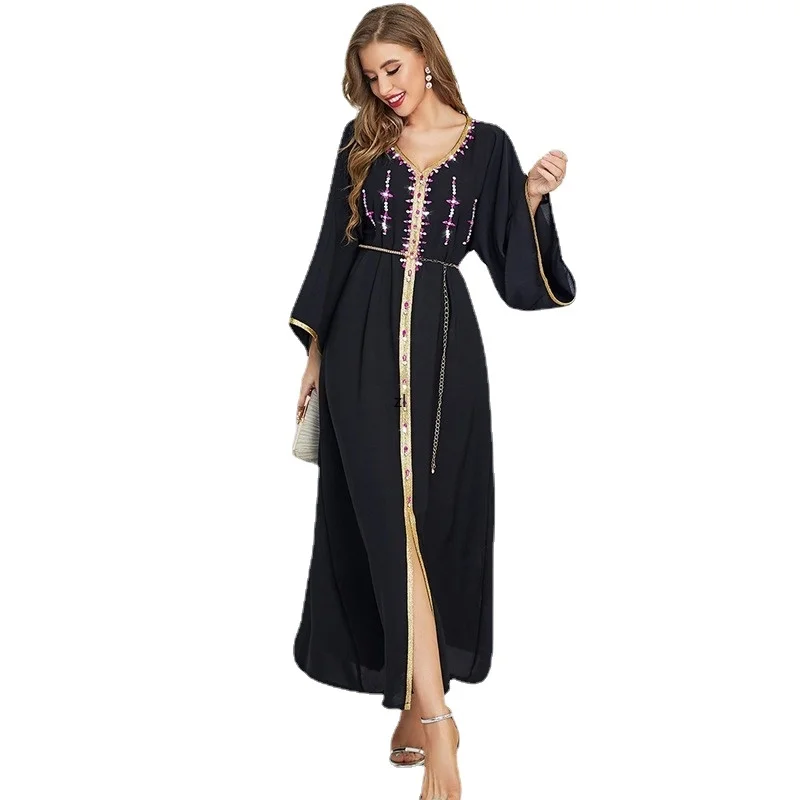 Ramadan Moroccan Kaftan Handsewn Diamonds Dubai Abayas for Women Black Party Evening Long Arabic Dress Muslim Caftan Jalabiya
