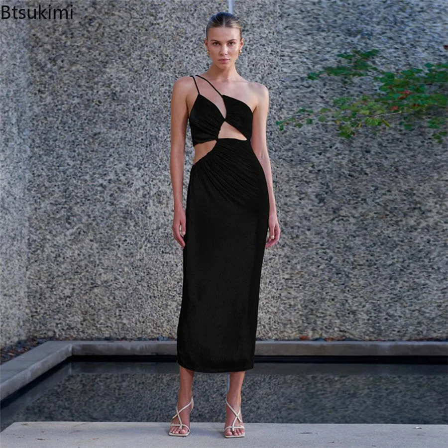 

2022 Softy Farbic Black Maxi Dress Women One Shoulder Asymmetrical Sexy Hollow Out Cleavage Robe Lady Elegant Slim Party Vestido