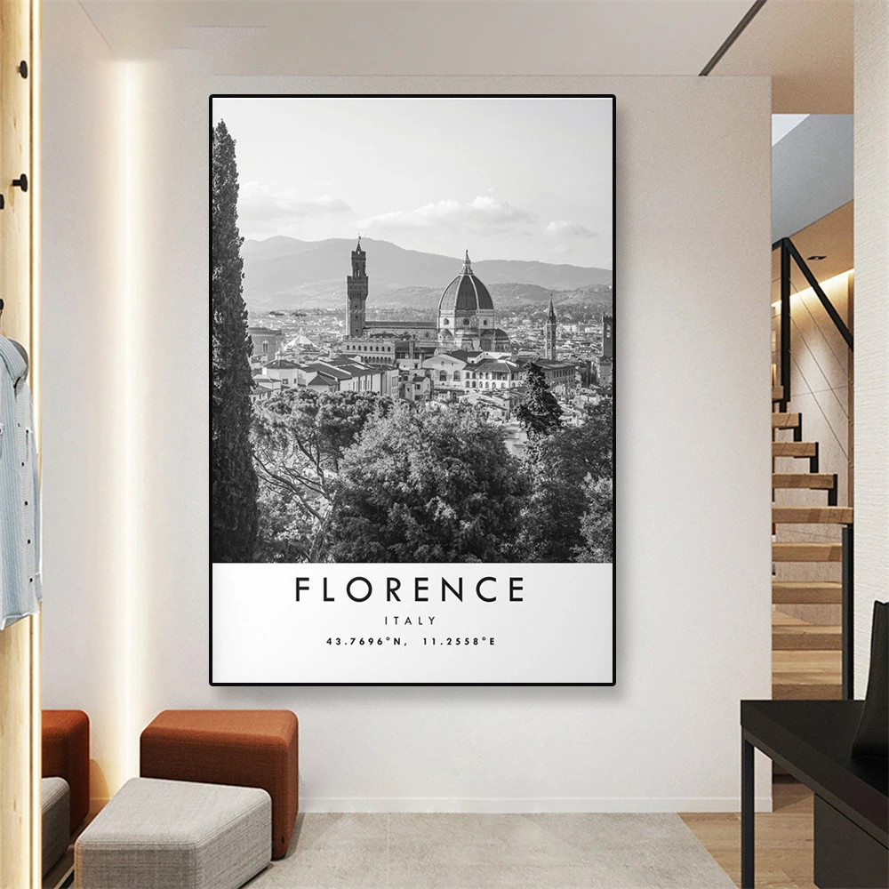 

Modern Florence Travel Print Italy Poster Black and White Print Canvas Painting Unique Wall Art Coordinates Minimalist Decor
