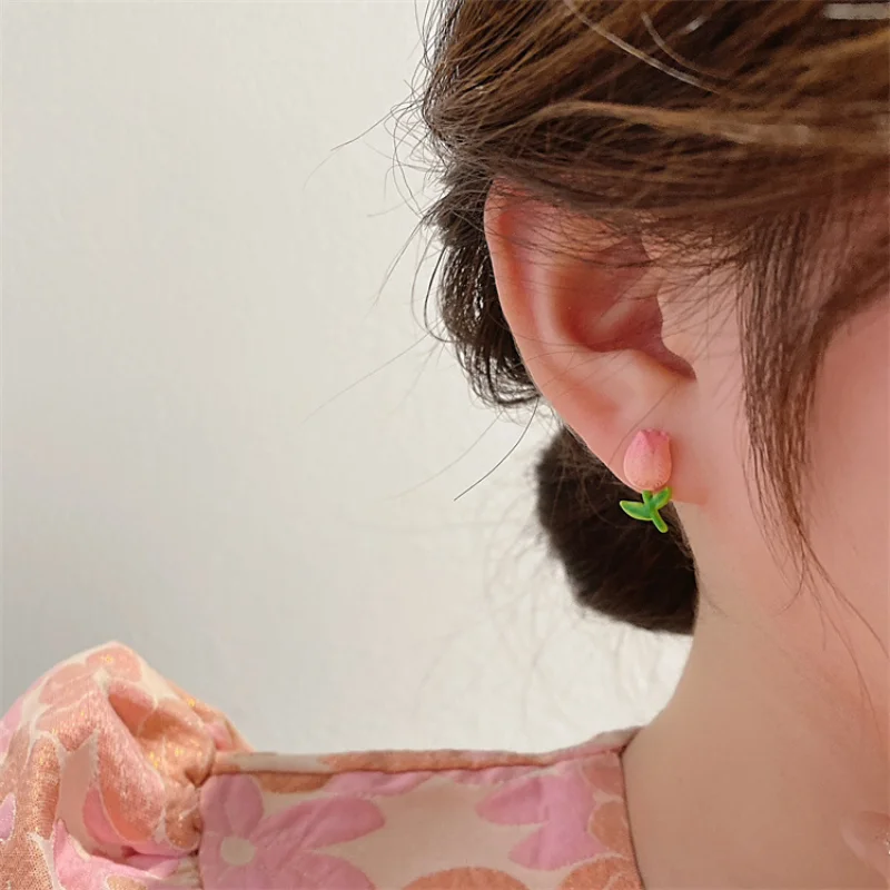 

Pink Tulip Flower Summer Earrings Women's New Light Luxury Design Earrings Jewelry