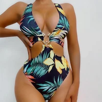 2022 new sexy printed deep v neck one piece swimsuit women swimwear female bather metal ring bathing suit swim wear monokini