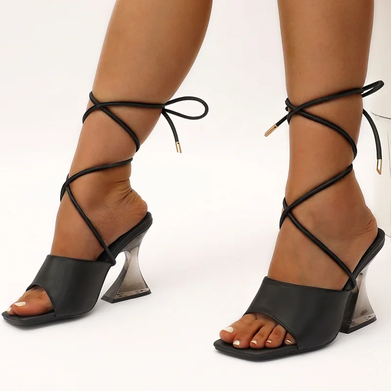 

Женские босоножки на высоком каблуке с кристаллами, летние модные прозрачные босоножки с квадратным носком и ремешком сзади, вечерняя женс...