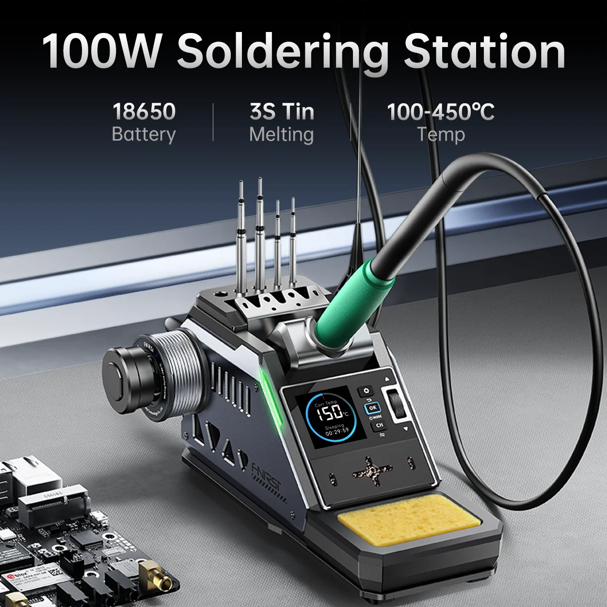Фото Портативная паяльная станция FNIRSI DWS-P2 Mini 100 Вт с USB Type-C PD, цифровой паяльник с быстрым нагревом для ремонта печатных плат и SMD-компонентов №1