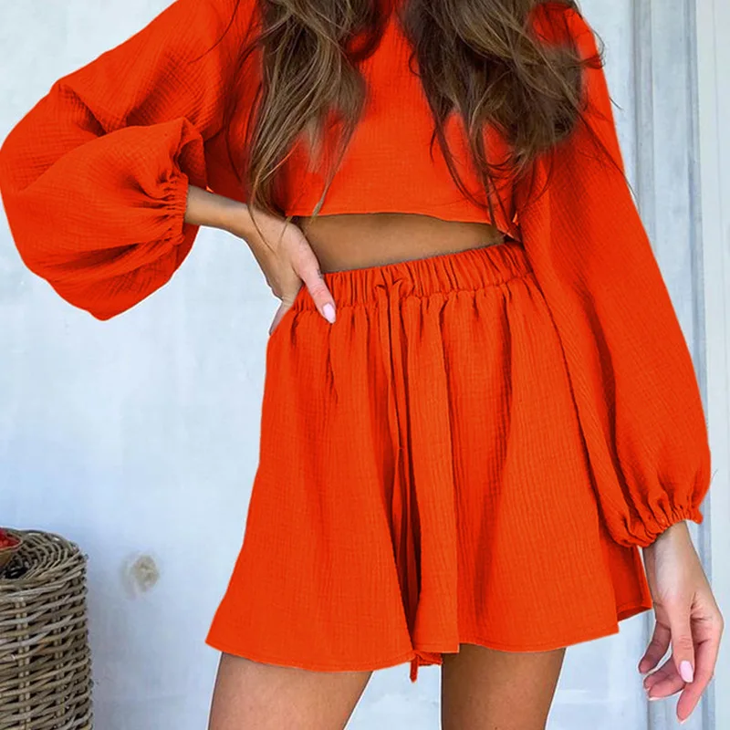 

2023 Early Autumn New Casual Fashion Lantern Sleeve Short Top Ruffle Shorts Two Piece Set