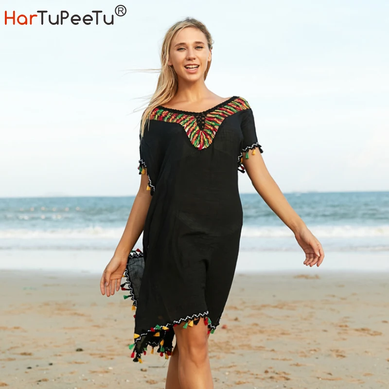Crochet Hook Beach Cover Ups Women Summer Dress 2023 White Black Patchwork Colourful V Neck Loose Split Fringed Vestido Mujer