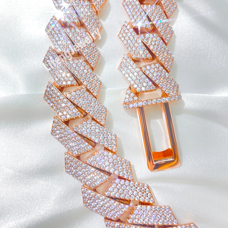 Ожерелье мужское под розовое золото кубинская цепочка с муассанитом 20 мм 24 дюйма