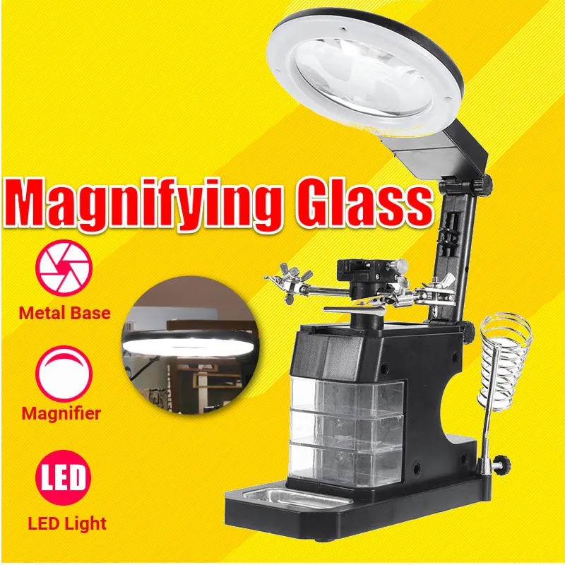 

3X/4.5X/25X Soldering Iron Stand Holder Table Magnifier Illuminated Magnifying Glass Third Hand Magnifier with LED Lights