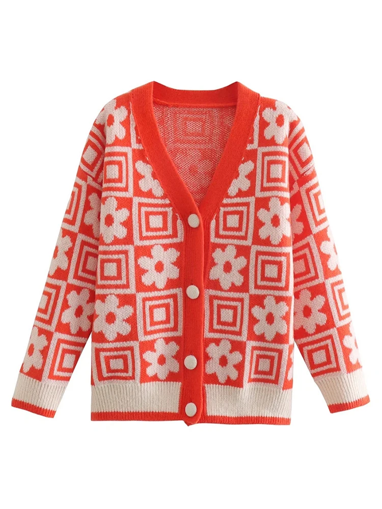 

Merodi Chic Lady Cute Print Knitted Long Cardigans Outwear Womens Spring Autumn V-Neck Long Sleeve Red Loose Sweaters