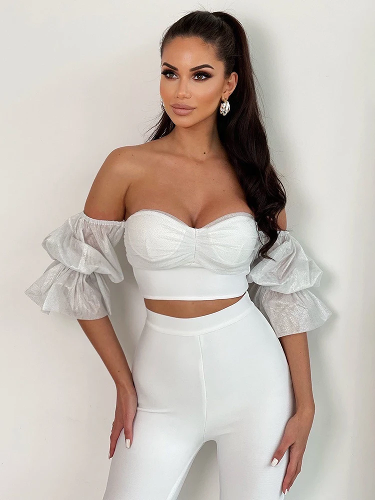 VC White Two Pieces Set Women Trendy Sparkle Sleeves Design Ruffles Puff Sleeves Off Shoulder Celebrity Party Club Tops Pants images - 6
