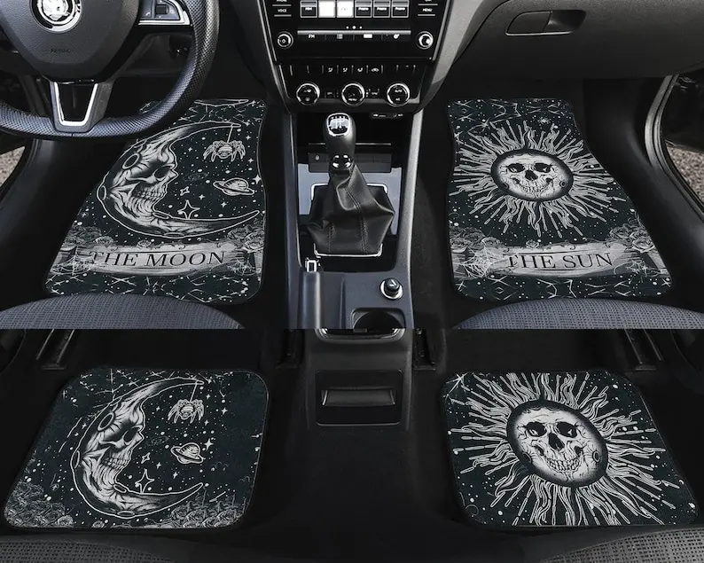 

Skull Car Mat, Skeleton Moon And Sun Mat, Celestial Floor Car Mat, Halloween Gift, Car Decoration, Car Accessories, Car Lover, T