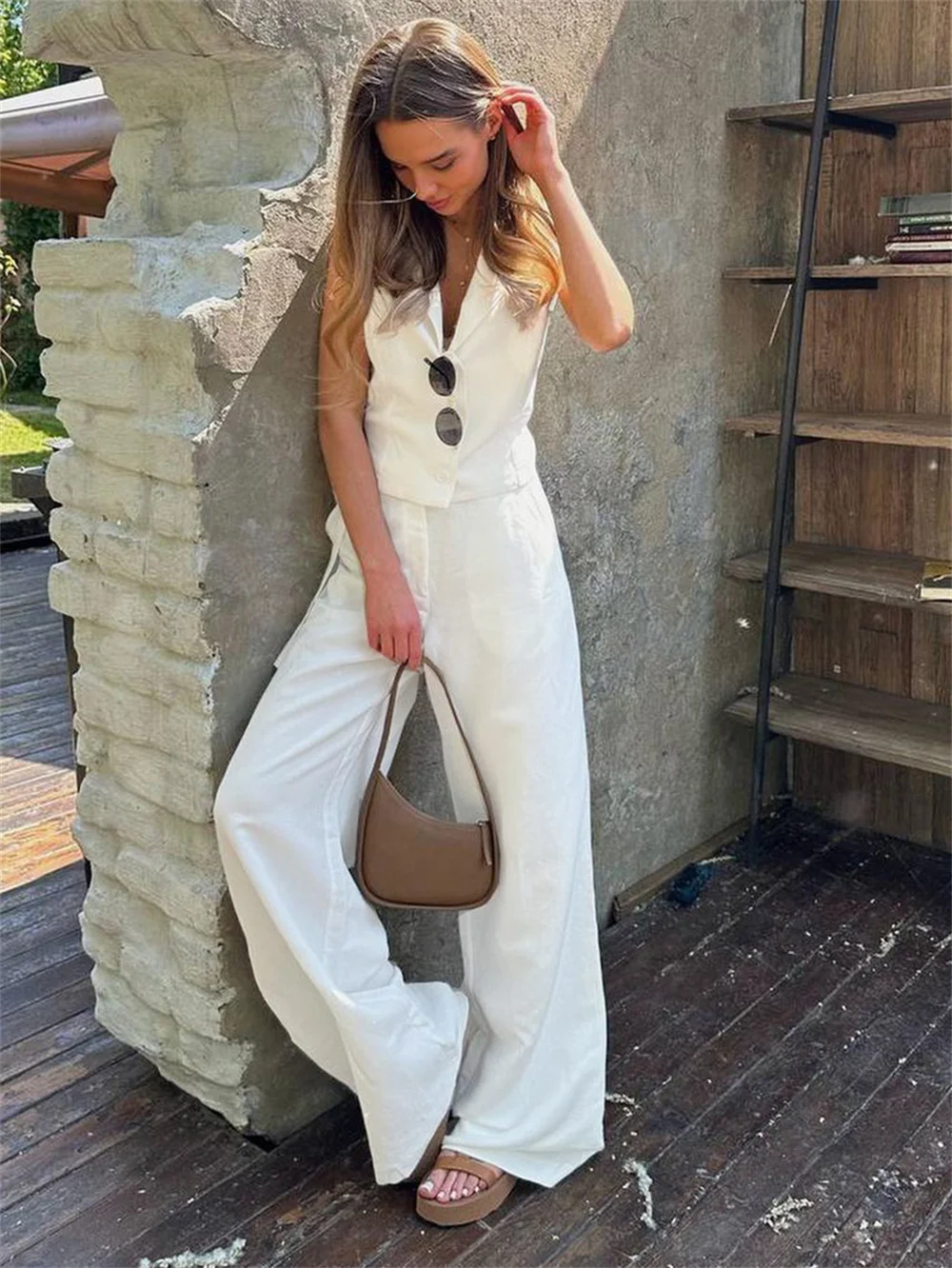 

Women Cotton Linen Vest Pants 2 Piece Set Summer Turn-Down Collar Single Breasted Sleeveless Top and Wide Leg Long Pant Suit
