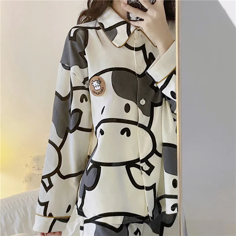 Cow Print Pajamas Two Piece Set Spring Summer Pijamas Women Cotton Cute Home Clothes Pyjamas Sleepwear Japanese Style Kawaii