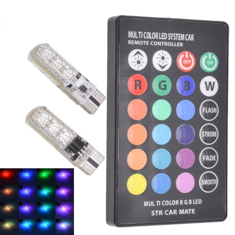 

2 шт. 18 SMD RGB T10 194 168 W5W светодиодный пульт дистанционного управления 5050-6SMD RGB автомобильный купольный светильник для чтения автомобильные лампы с клиновидным цоколем Светодиодная лампа вспышка