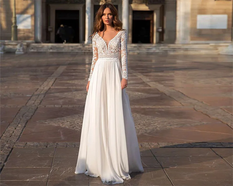 

#11218 Bohemian Beach Long Sleeve V-Neck Sheer Back Floor Length Lace Applique Chiffon Wedding Dress Bridal Gowns Evening Dress