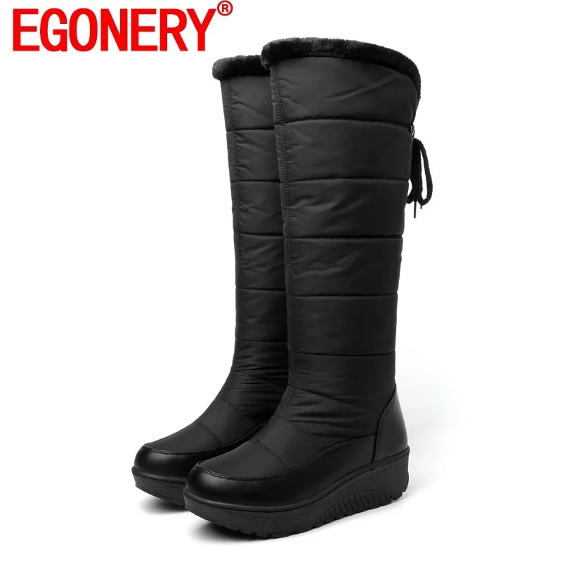 

EGONERY Snow Boots 2023 Winter New Style Round Toe Platform Wedges Warm Inside Knee High Boots Good Quality Woman Shoes 35-44 CN