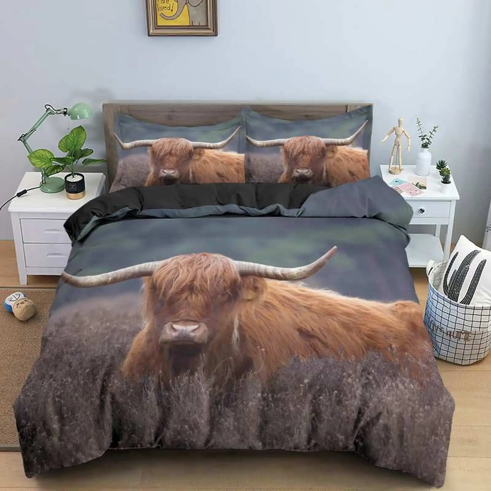 Highland Cow King Queen Duvet Cover Bull Bedding Set for Adults Cattle 2/3pcs Quilt Cover Farm Animal Polyester Comforter Cover