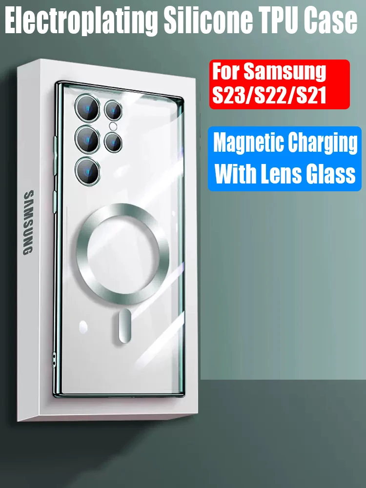 

TOP Quality Lens Glass Film Electroplate Silicone TPU Case For Samsung Galaxy S23 S22 S21 Ultra Plus Magnetic Wireless Charging