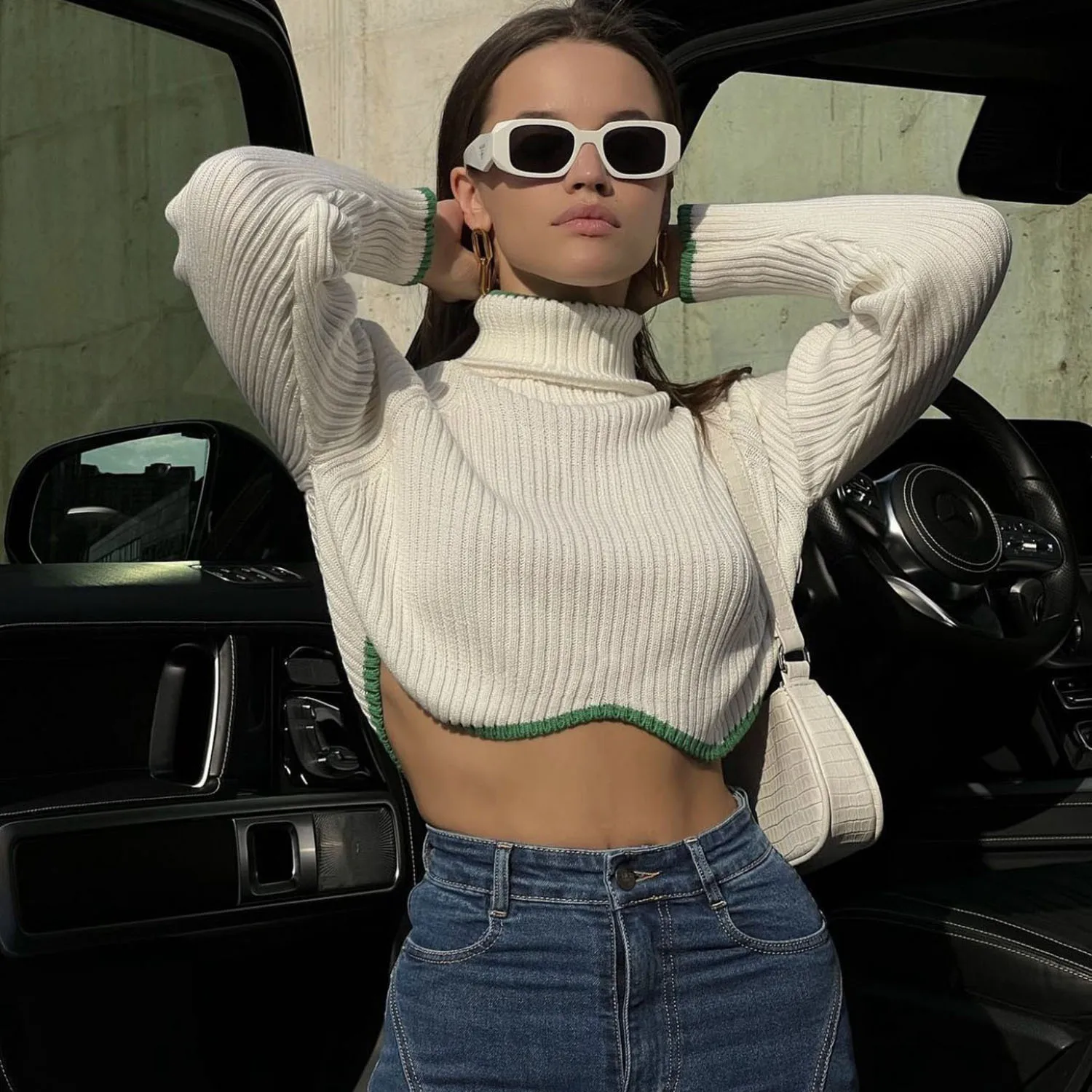 

Women Patchwork Turtleneck Sweaters Sexy Navel Bare Cropped Tops Autumn Winter Ribbed Lady Knitted Pullover Short Solid Sweaters