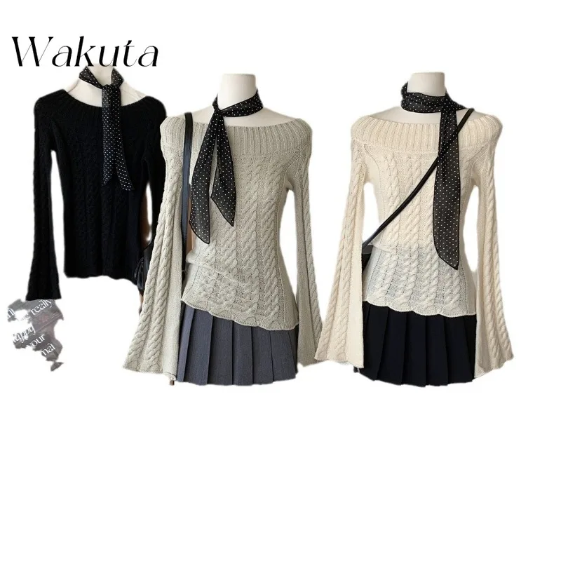 WAKUTA Retro Korean Gentle Wind One-line Collar Long-sleeved Knit Sweater Female Fall Youth Campus Style Slim Strapless Blouses