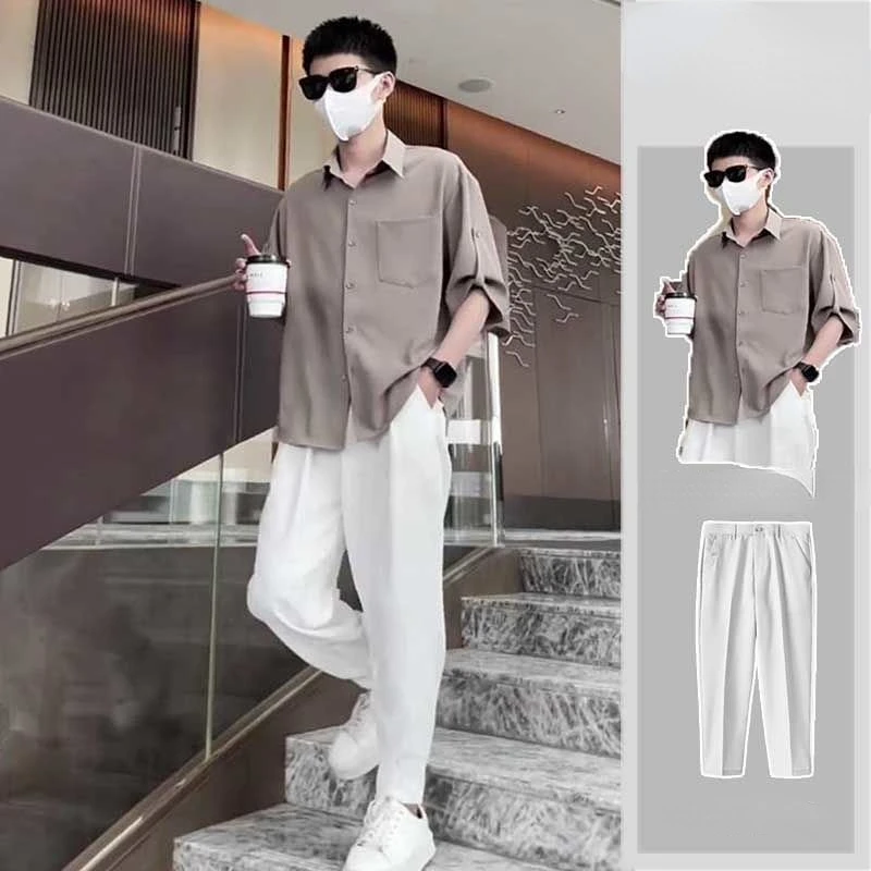 

Cotton Men'S New Arrival Suits Short Sleeve Button Up Shirts + Elastic Waist Pants 2 Pieces Sets Homewear Outfits Suit A52