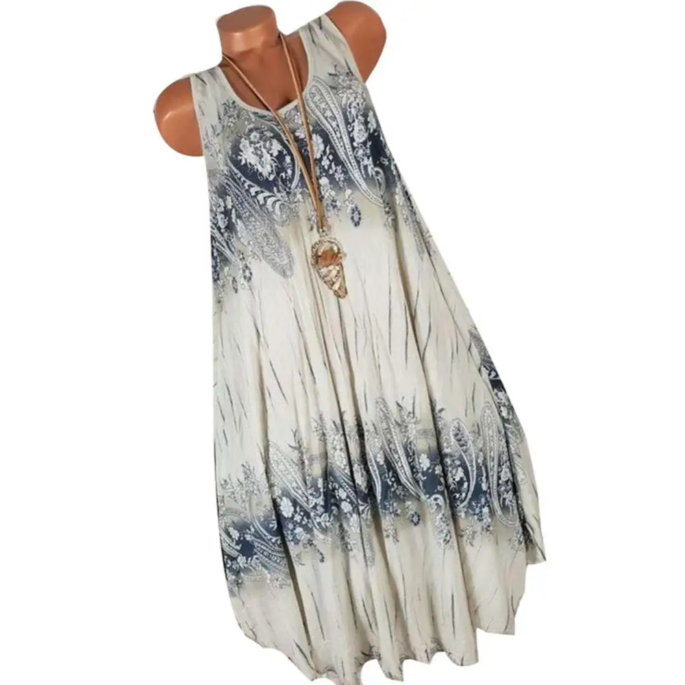 Elegant Floral Printed Lace Stitching O-Neck Sleeveless Women Summer Loose Tank Dress