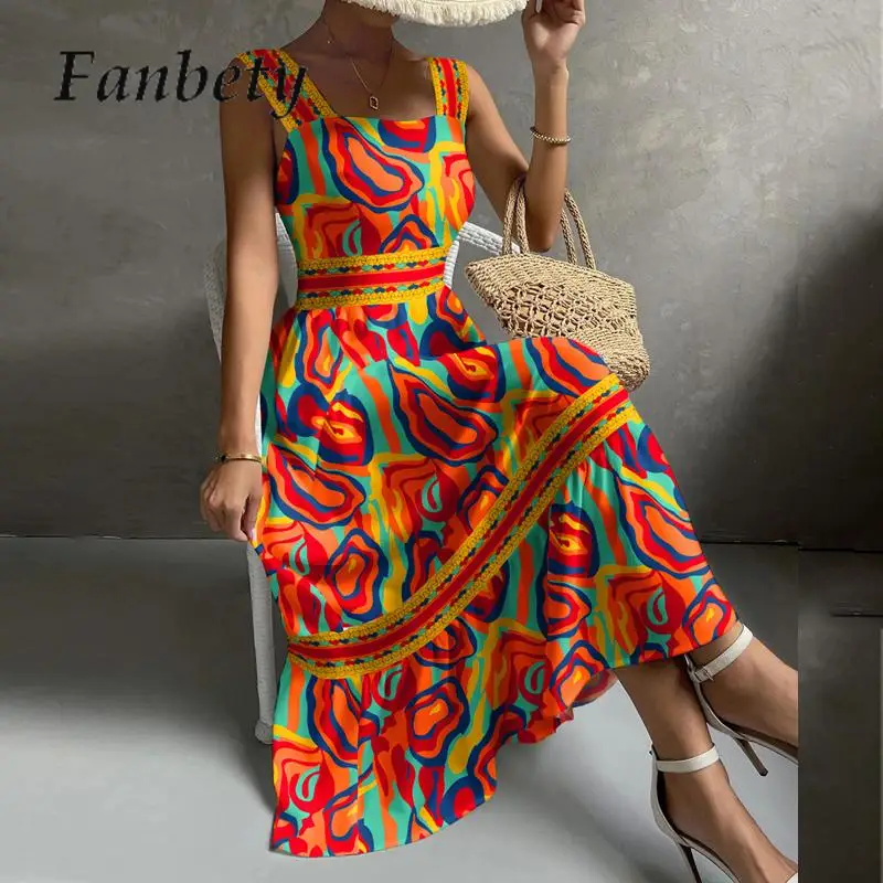 

Bohemian Graphic Vintage Dresses For Women 2023 Casual One Shoulder Suspenders Loose Long Dress Chic Pleated Vocation Dress