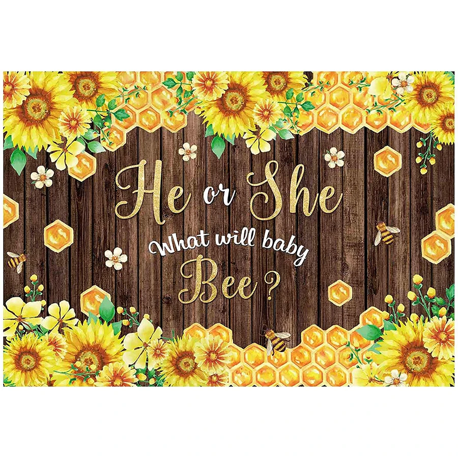 

Sunflower Honey Bee Gender Reveal Party Backdrop He or She What Will Baby Be Photography Background Wood Floral Banner Table