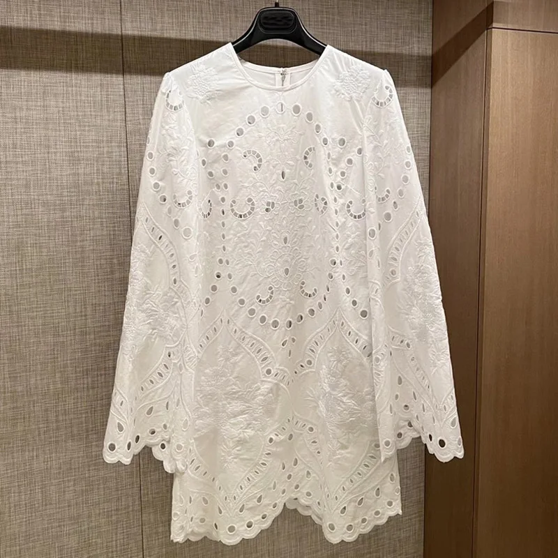 

High Quality Women's Cotton Dress Heavy-duty Embroidered Hollow Leisure Vacatio Loose A-Line White Dress Summer Provide Label