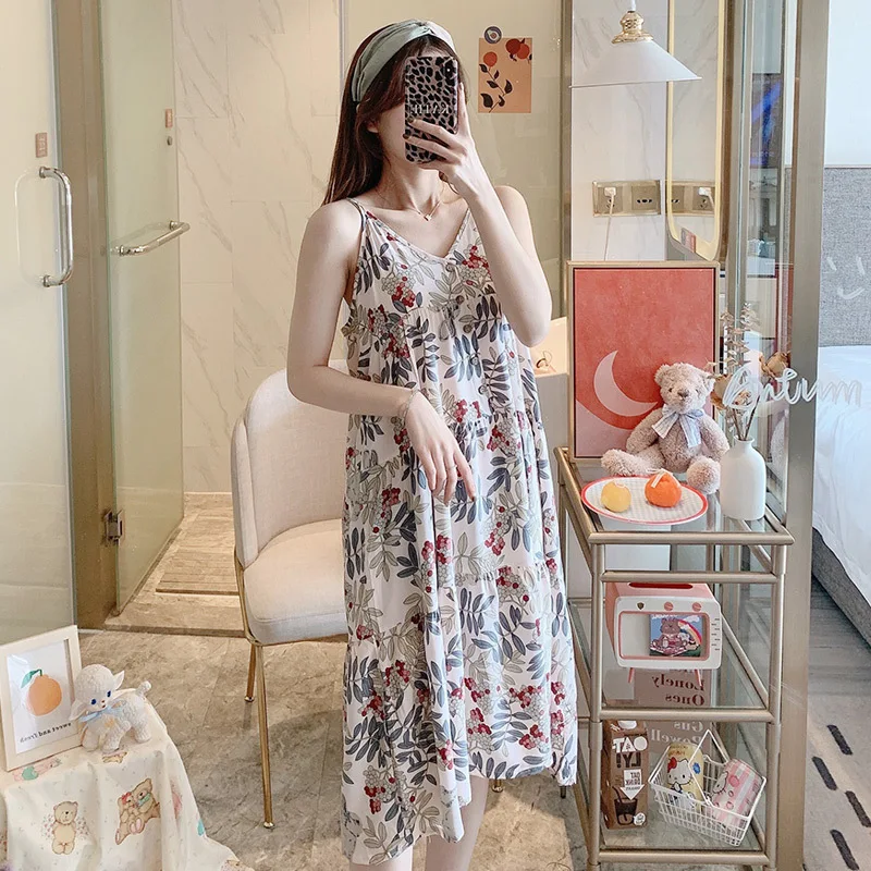 Womens Nightgown Spaghetti Straps Summer Soft Thin Cotton Nightdress Sleepwear Floral Print Sleep Dress House Dress with Button