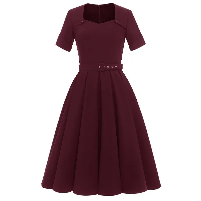 

Vintage Short Sleeve Square Collar Dress Women 2022 Summer Female Elegant Hight Wasit With Sashes Office Lady Party Slim Dresses