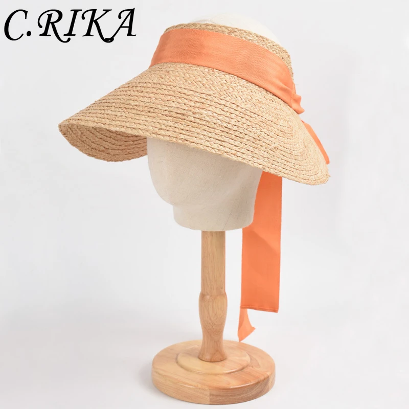 

2022 Wide Brim Raffia Visor Caps for Women Summer Empty Top Hats Foldable Ladies Beach Hat UV Protection Big Sun Hats Wholesale