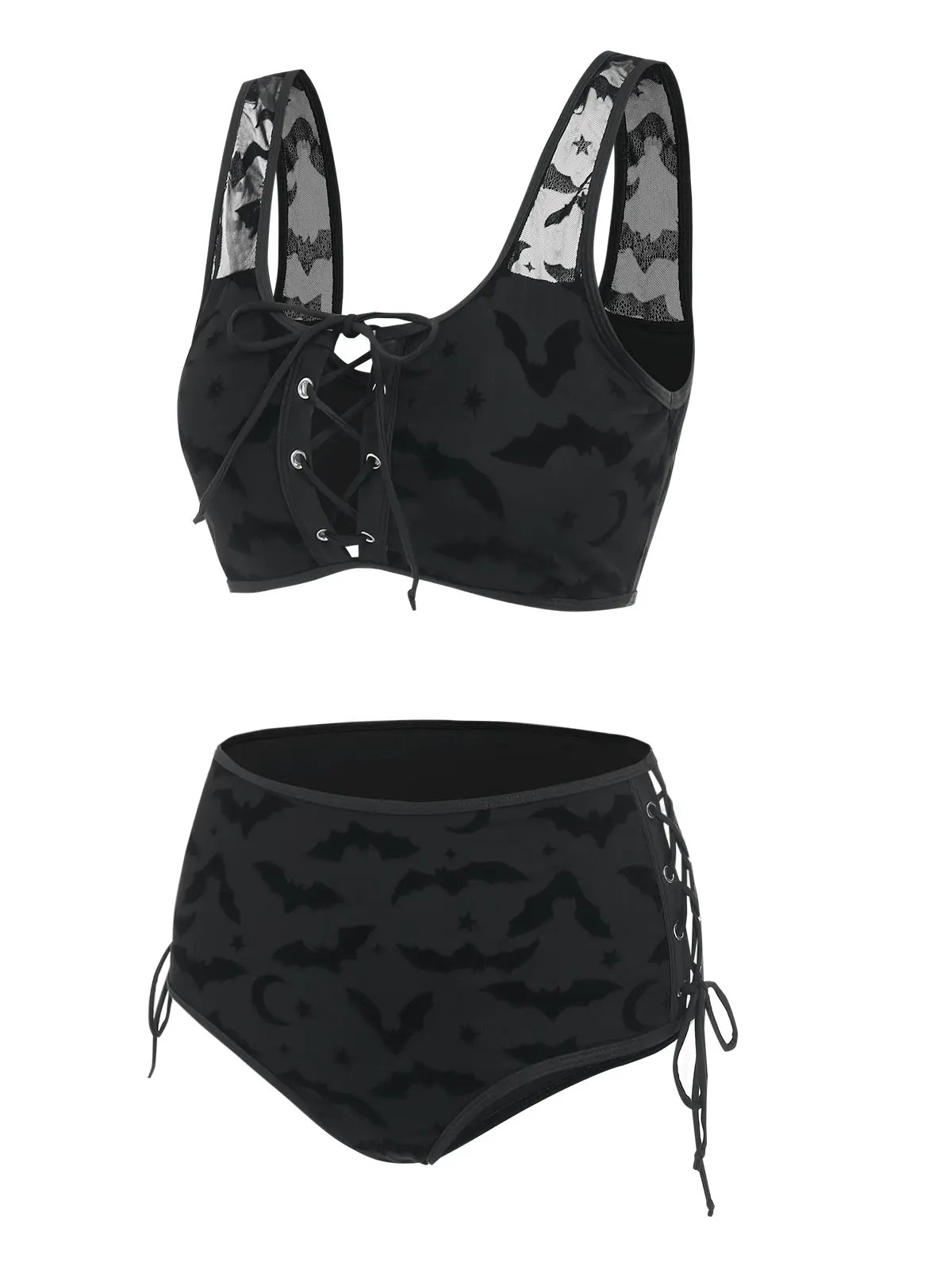 

Wipalo Bat Crescent Mesh Lace-Up Padded Bikini Set Women Fashion Summer Tankini Swimsuit Two Pieces Bathing Suit Beachwear