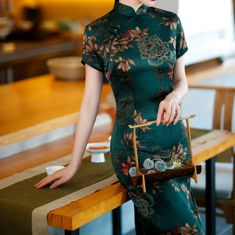 

Short Sleeve Print Floral Qipao Dress For Women Mandarin Collar Chinese Large Size 3XL 4XL Cheongsam Dresses Side Split Vestidos