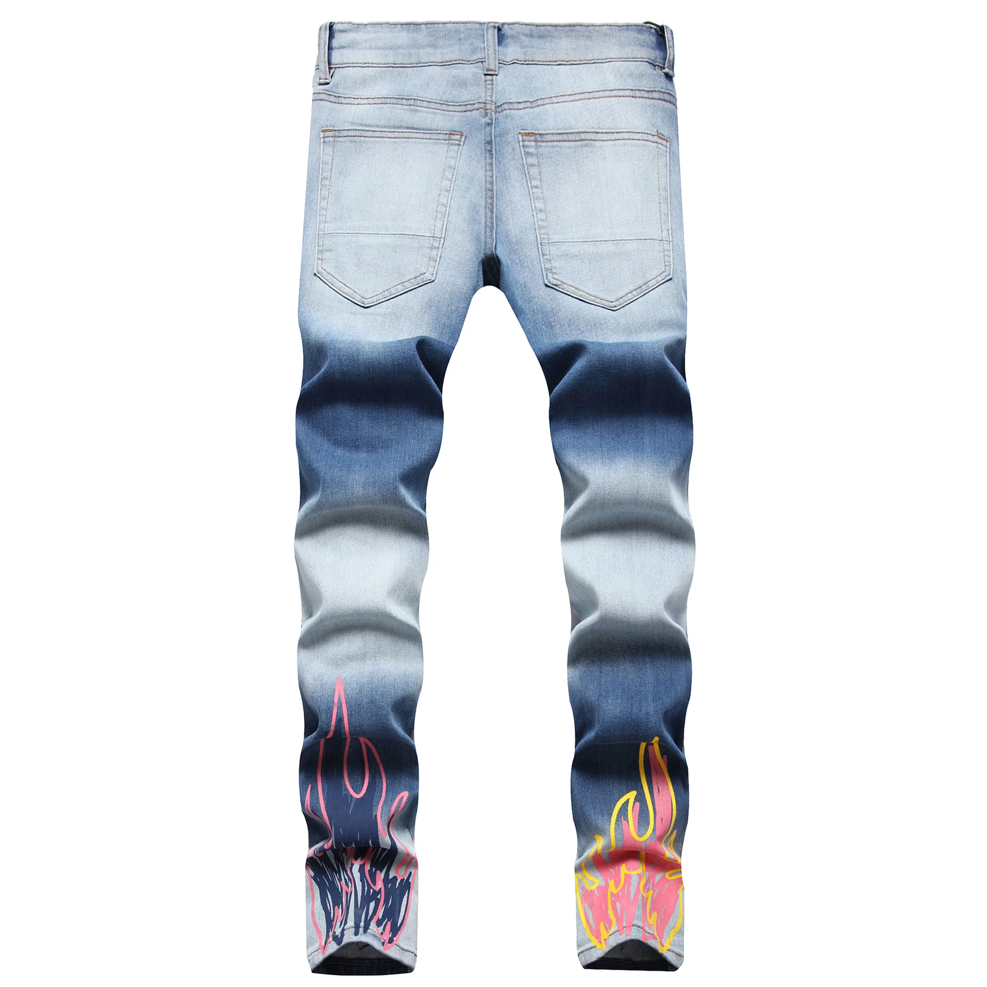 Men Skull Flame Printed Denim Jeans Streetwear Skateboard Rivet Punk Stretch Pants Ripped Patchwork Slim Straight Mens Trousers