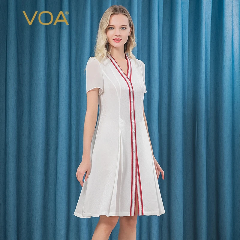 (Clearance Sale) VOA Silk Jacquard White Dresses Women Georgette Short Sleeve Splicing Single-Breasted Slim Dress AE39