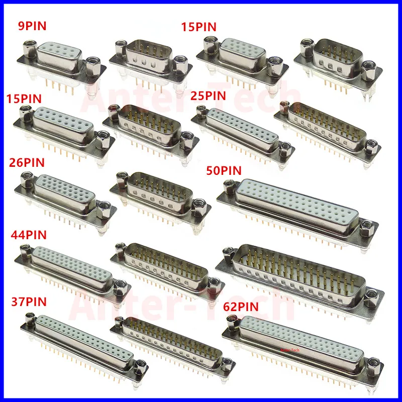 1 шт., прямой разъем DB9, DB15, DB25, DB37, штекер 180 градусов, разъем D-sub для монтажа печатной платы, DP9, DP15, DP25, DP37, DB44, DB50, DB62