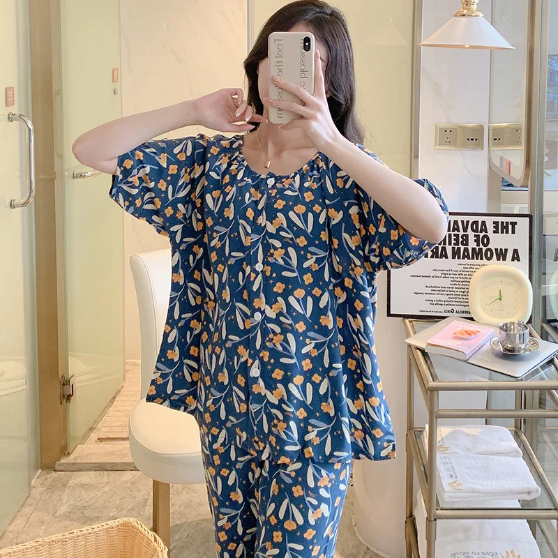 Women Mom Sleepwear Short sleeve trousers sleep Cotton Silk Pajamas Set  Outerwear Excellent leisure Summer Thin Nightdress