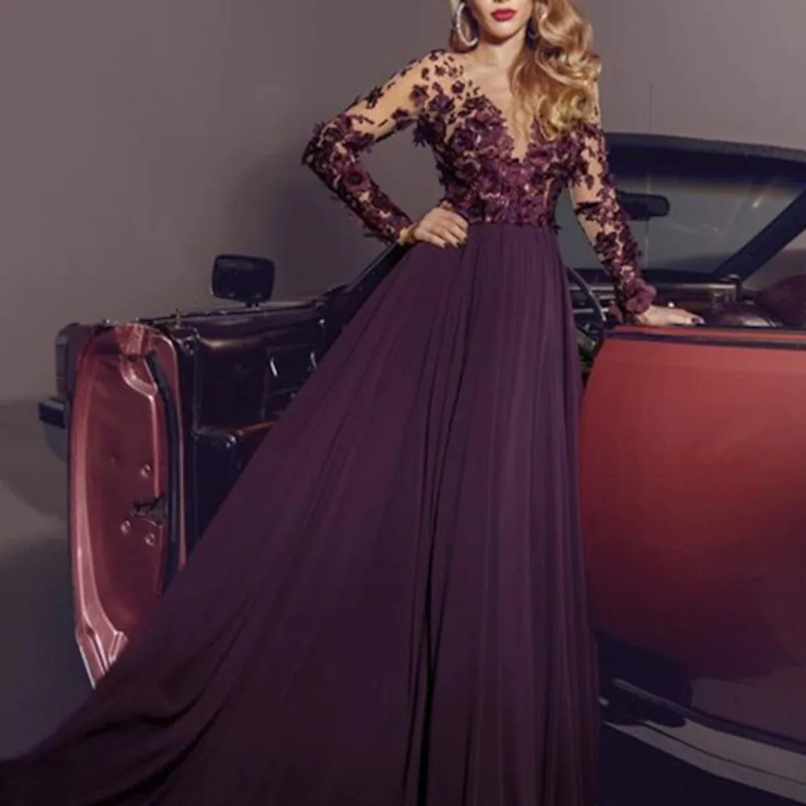 

Элегантные однотонные шифоновые платья для матери невесты, с аппликацией, V-образным вырезом и шлейфом, кружевное официальное платье с длинным рукавом