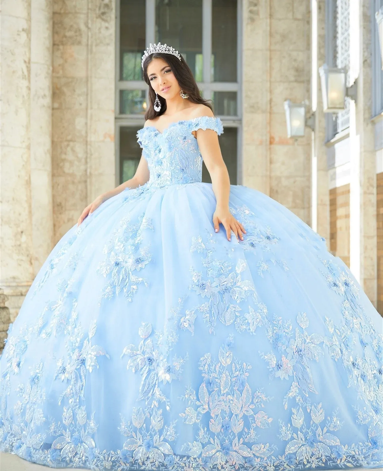 

Sky Blue Charro Quinceanera Dresses Ball Gown Off The Shoulder Tulle Appliques Puffy Mexican Sweet 16 Dresses 15 Anos