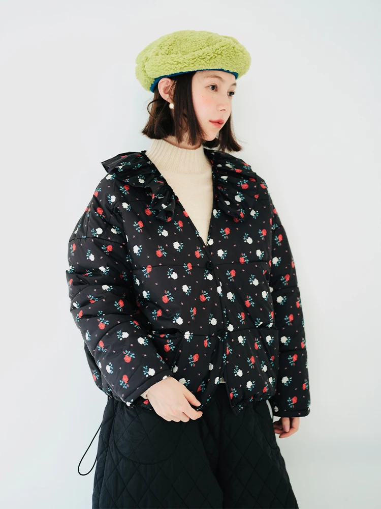 imakokoni original design autumn and winter thick warm coat floral long sleeve V-neck cotton-padded jacket top for women