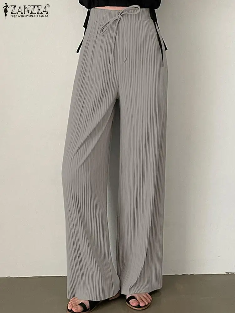 

Fashion Women Wide Leg Pants Office Maxi Pantalon ZANZEA Spring Solid High Waist Trousers Autumn Causal Loose Lace Up Palazzo