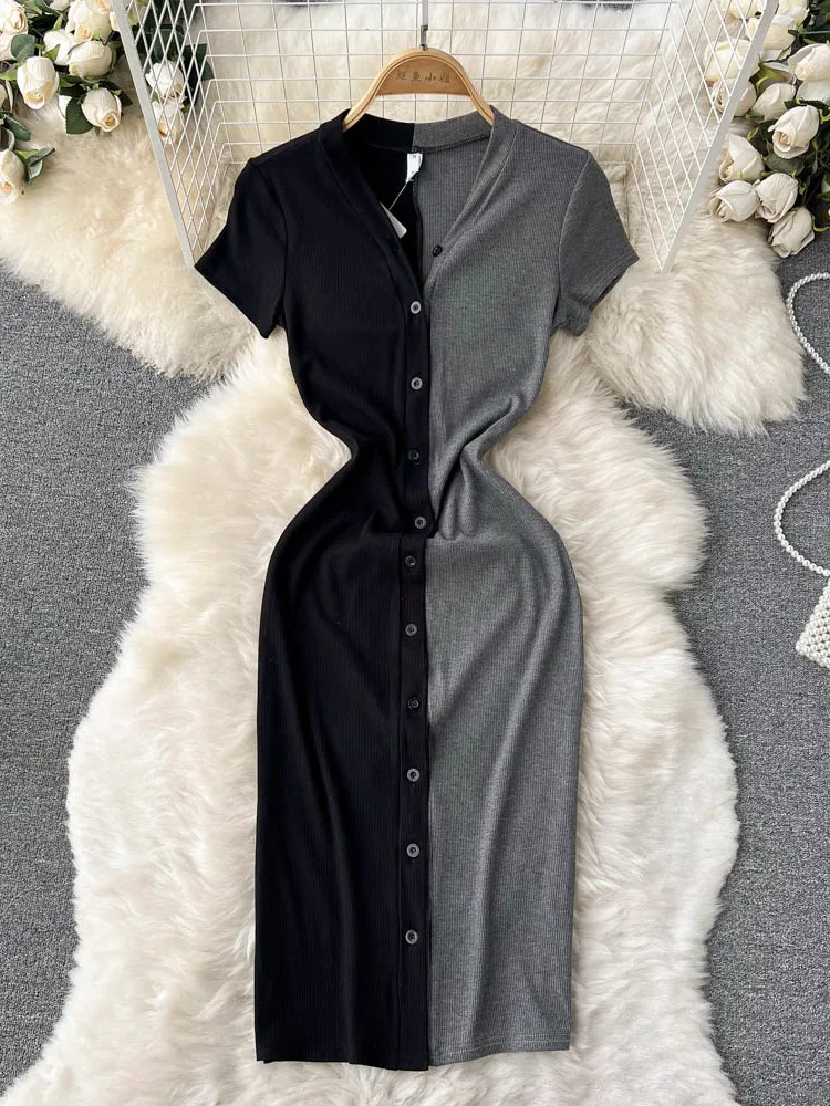 

New Chic Women Summer Dress Color Match Short Sleeve Sexy Bodycon Dress Elegant V-neck Single Breasted Casual Street Party Dress