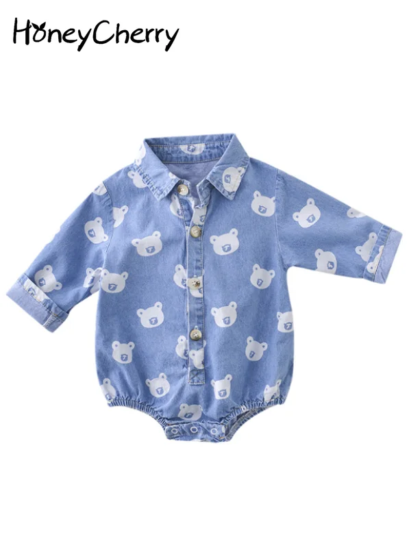 

New Baby Denim Bodysuits Shirt Collar Cute Printed Rompers Baby Boy Clothes Long Sleeve Bodysuit