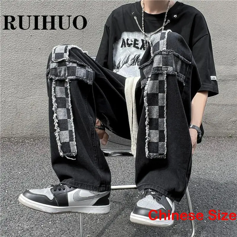 

RUIHUO Patchwork Straught Jeans For Men Clothings Cargos Pants Mens Jeans Street Wear Chinese Size 3XL 2023 Spring New Arrivals